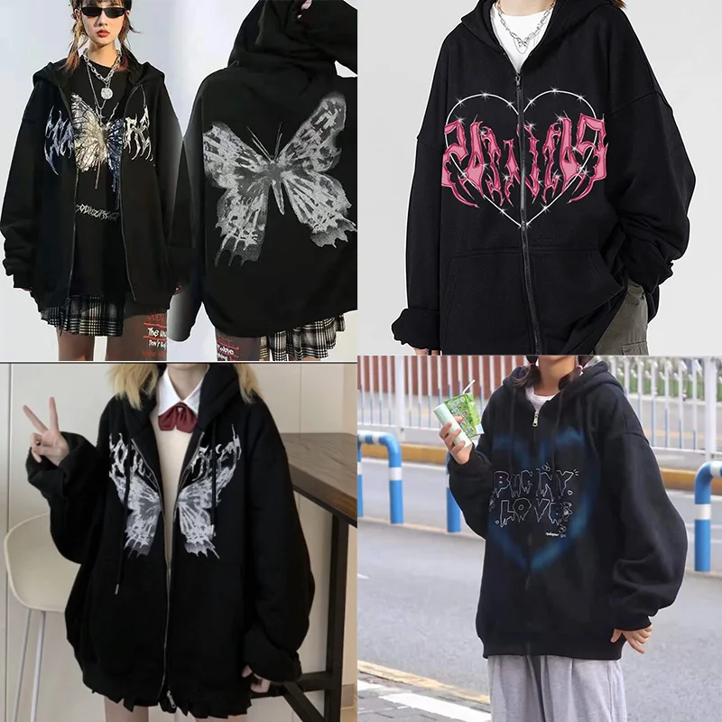 

Женская толстовка с капюшоном Y2k, худи в готическом стиле, панк, Харадзюку, Повседневная Уличная одежда на молнии, уличная одежда в стиле хип-хоп, куртка на молнии в стиле граффити