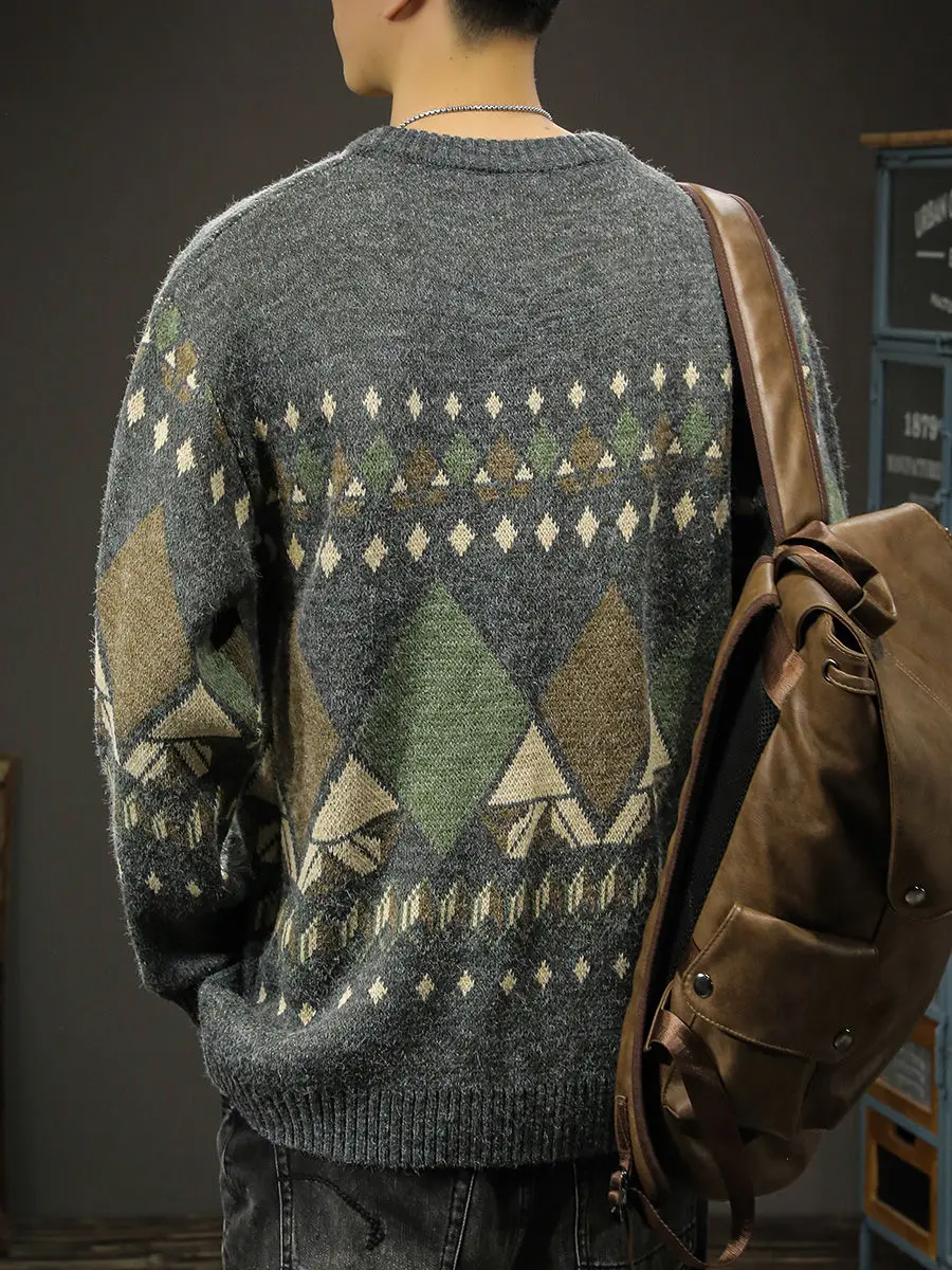 Autumn Winter Cartoon Argyle Knitwear Sweater Men Streetwear Long Sleeve Vintage Pullover Knitted Sweaters Couple Clothing C156