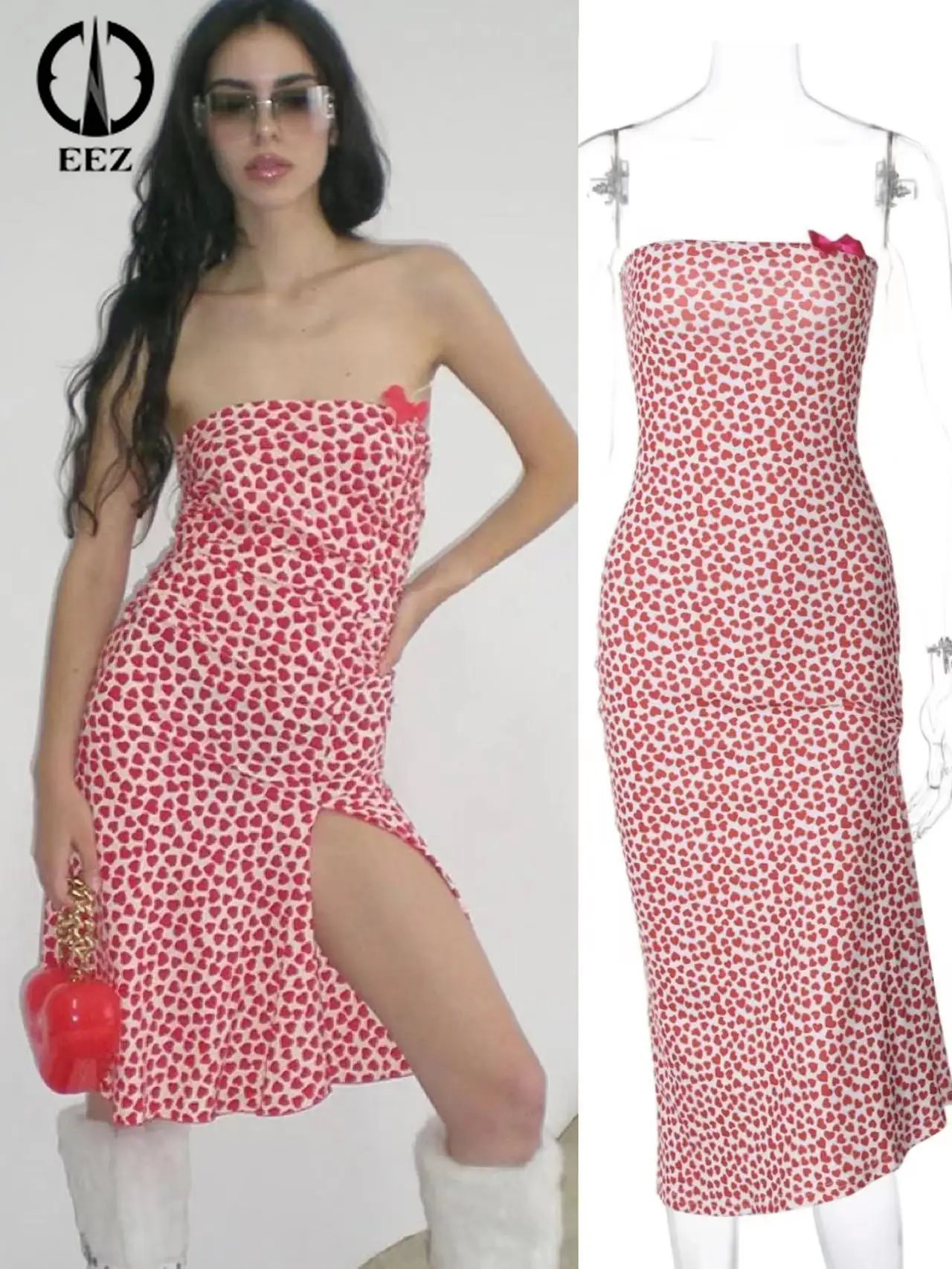 

French Irregular Folds Split Bustier Dress Women Sexy Strapless Dress Slim Elegant High Waist Coquette Y2k Love Print Partywear