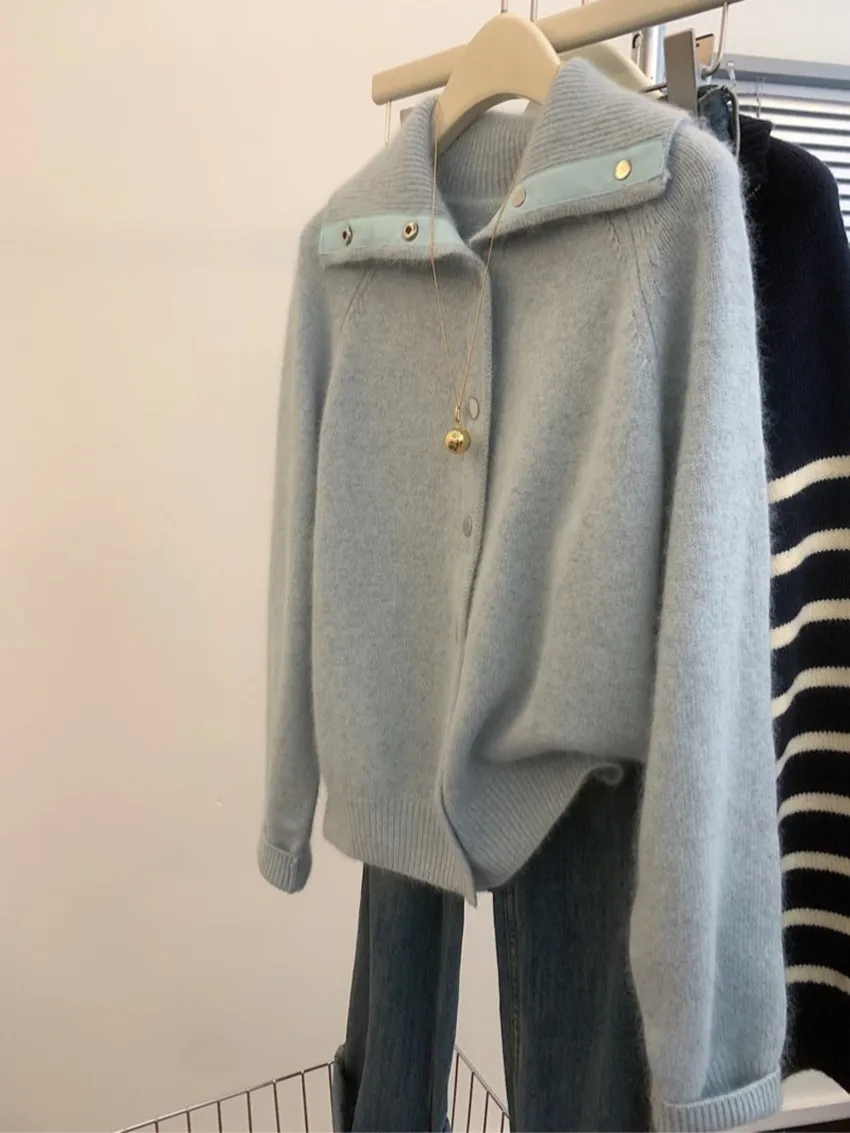 2024 фиолетовые женские однобортные вязаные толстые свободные свитера куртка