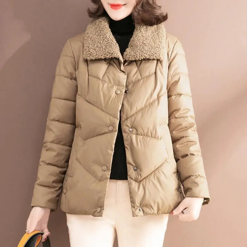 Winter Warm Jacket Women Ultra Light Down Cotton Parka Lamb Wool Collar Short Padded Parkas   Female Casual Comfort Coat