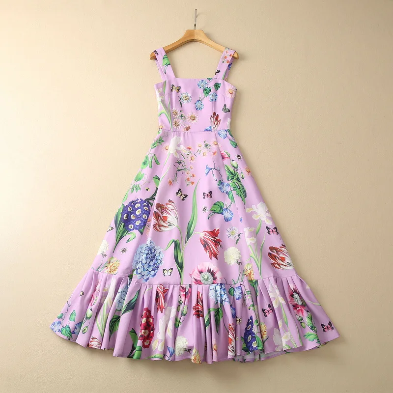 European and American women's clothes 2023 spring new Bead the sling Sleeveless floral print Fashion Dress