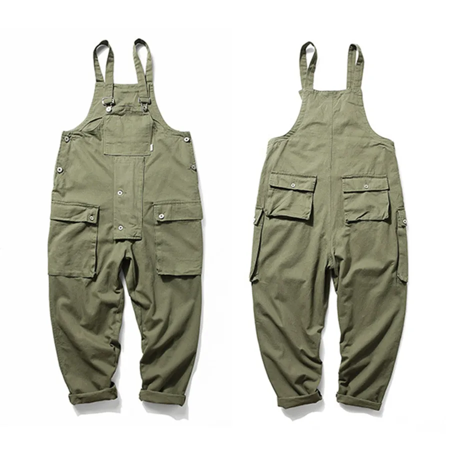2024 New Men's Cargo Pants Casual Streetwear Solid Color Loose Overalls Multi-Pocket Jumpsuit Men Suspenders Baggy Work Wear