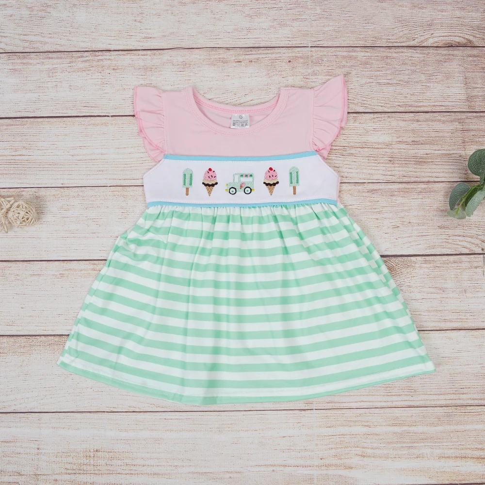 

New Born Boutique Summer Petticoat Baby Girl Clothes Pink Dress Sleeveless Ice Cream Embroidery Princess Stripe Suit For 1-8T