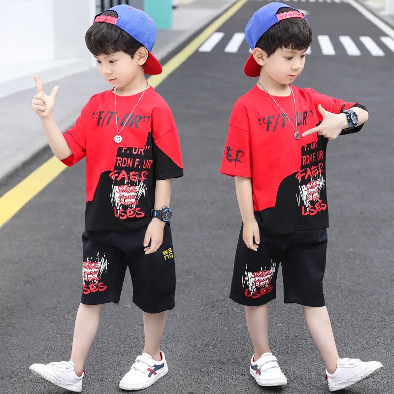 

Summer Kids Clothes Sets for Boys 4 6 8 9 10 12 Years Fashion Splicing Short Sleeve T Shirt + Pants School Children Sport Suit