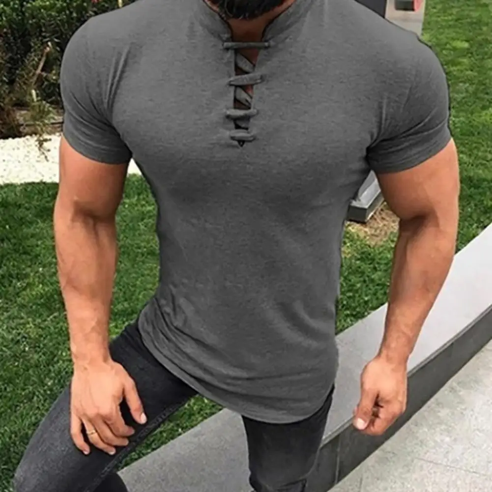 

Terrific Men Top Stand Collar Lace Up Summer Top Comfortable Summer Shirt