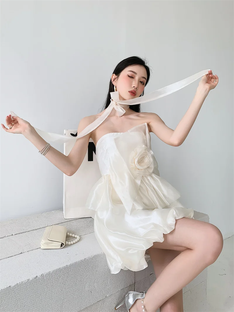 ZCSMLL Apricot Three-dimensional Rose Bra Skirt Fairy Air Ribbon Waist Puffy Dress Female Summer 2022 Korean Fashion Vestido