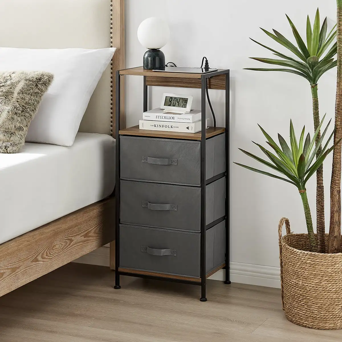 

3-Drawers Nightstand With USB Bedroom Walnut