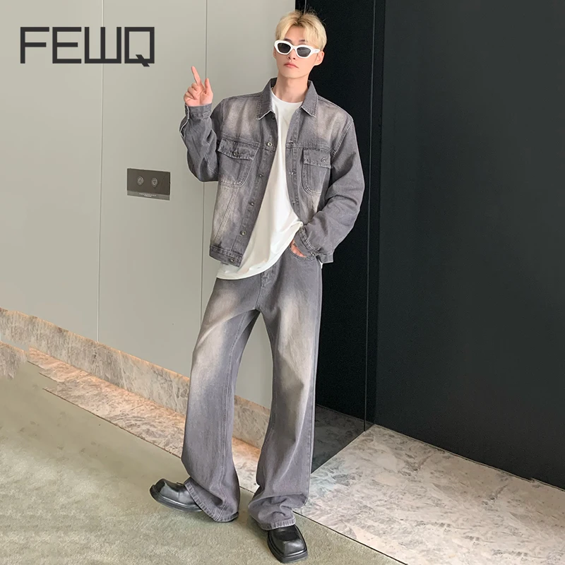 

FEWQ Fashion Baggy Jeans Sets Trend Men Niche Made Vinage Washed Jacket Two Piece High Street Casual Versatile Denim Suit 9C1175