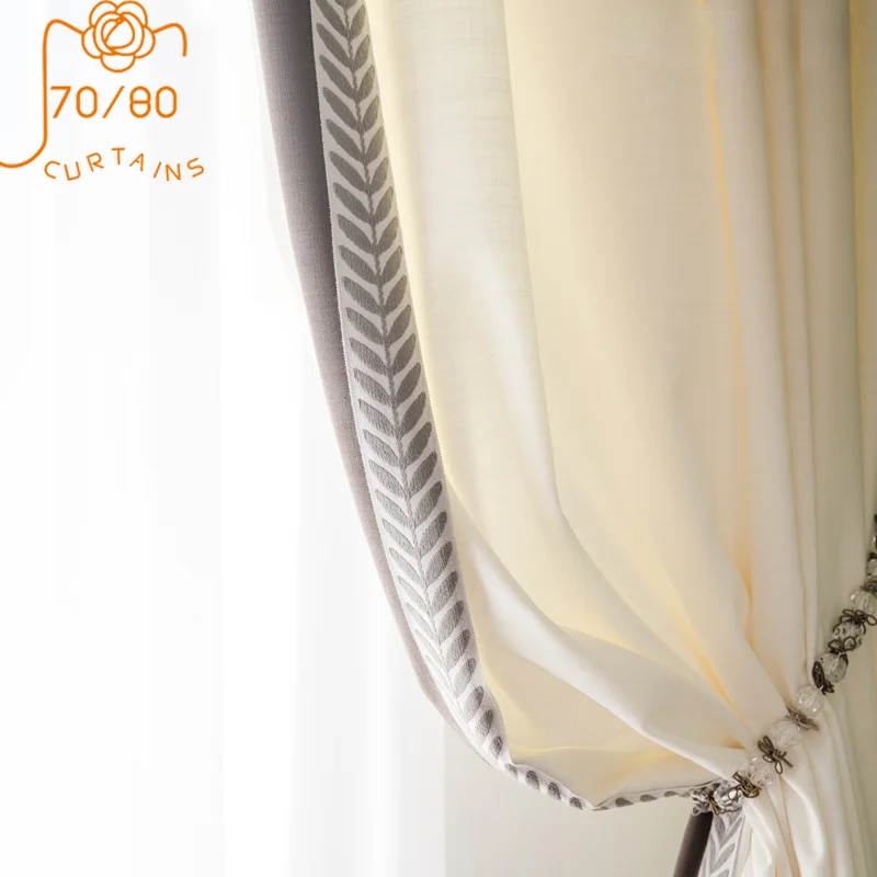 New High-grade Cream White Linen Lace Stitching Curtains for Living Room and Bedroom Finished Products Customization