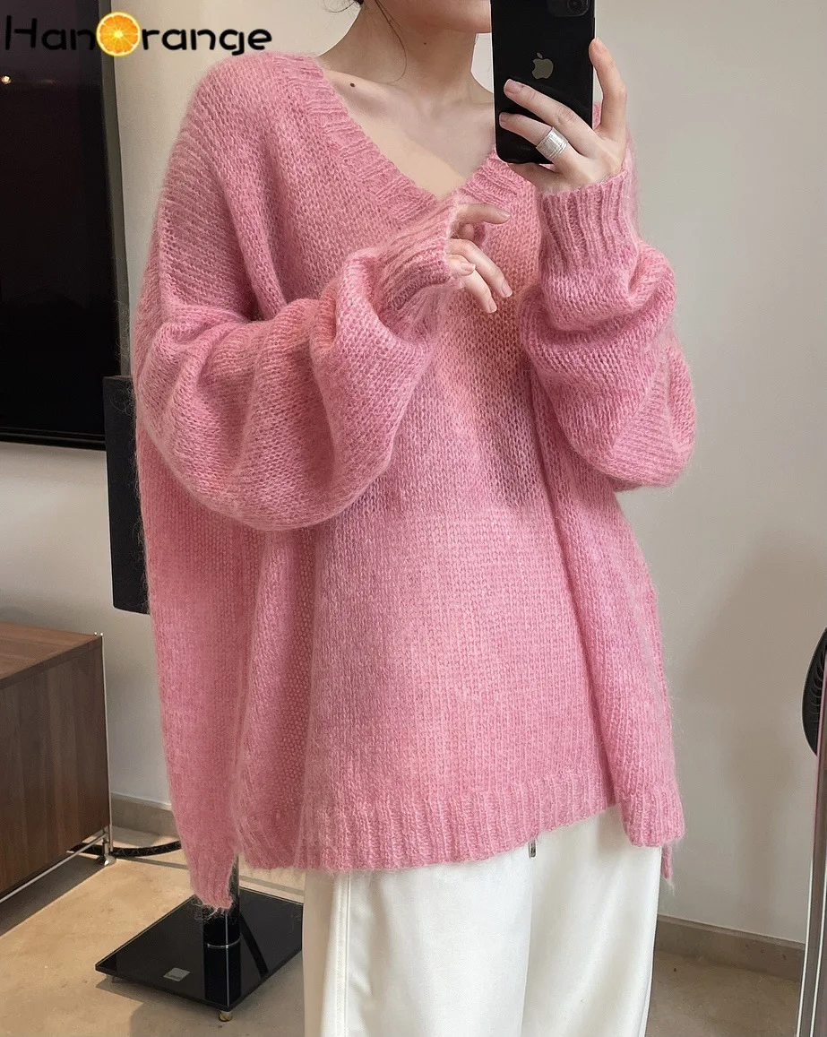 HanOrange Spring 2022 Womens Fashion Wool and Mixes Sweater Lazy V-neck Mohair Knitted Sweater Loose Fluffy Pullover