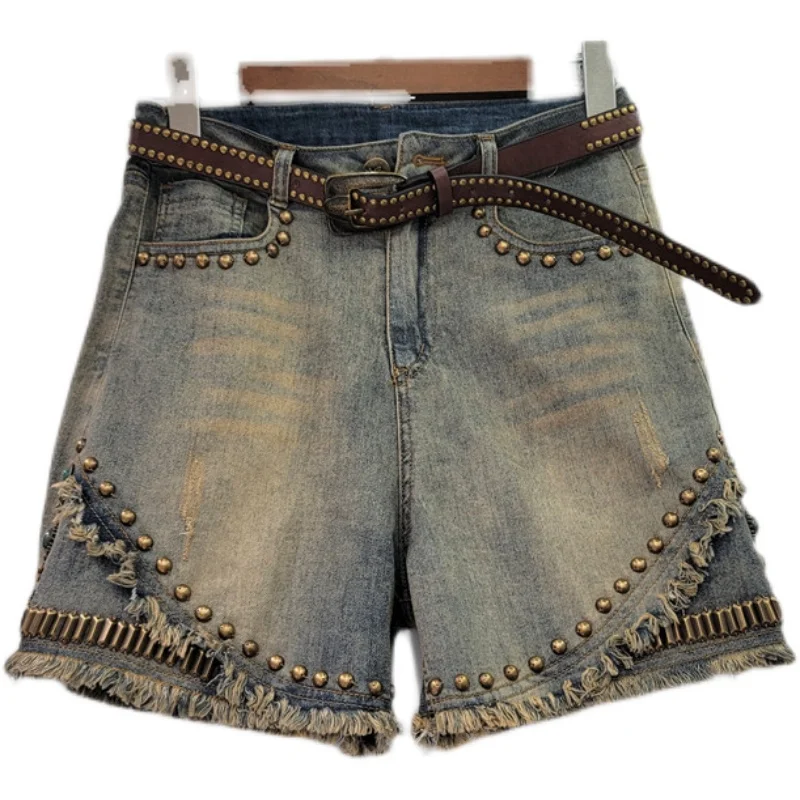 Summer 2023 Heavy Industry Beads Frayed Hot Drilling Straight Short Pants a-Line High Waist Wide Leg Slim Denim Shorts
