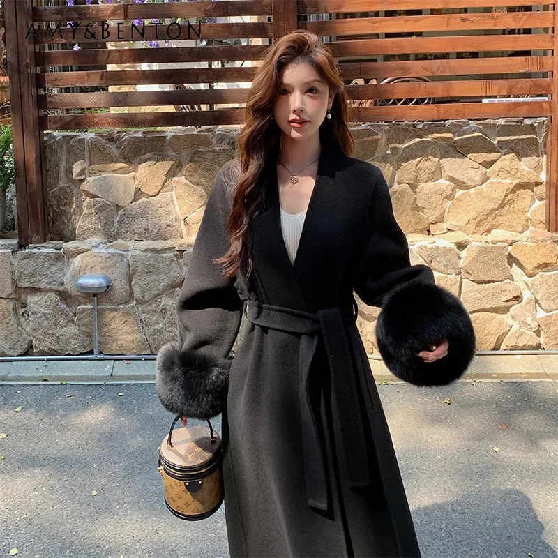 Осень-зима 2024 новое двустороннее кашемировое шерстяное пальто с v-образным