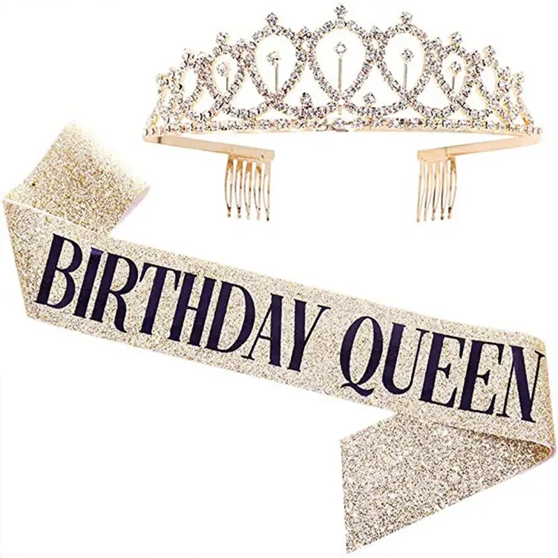 

Bling Rhinestone Crystal Crown Birthday Anniversary Decoration Happy 18 21 30 40 50th Birthday Satin Sash Party Supplies