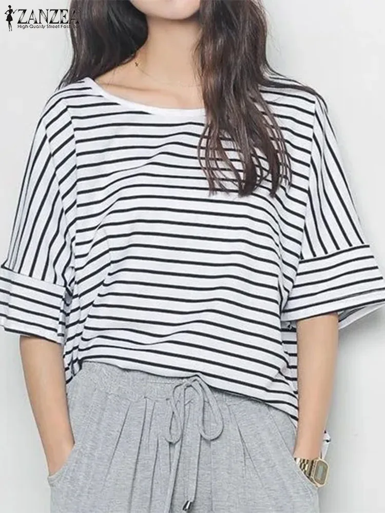 Блузка ZANZEA женская оверсайз в полоску модная Повседневная Туника с круглым