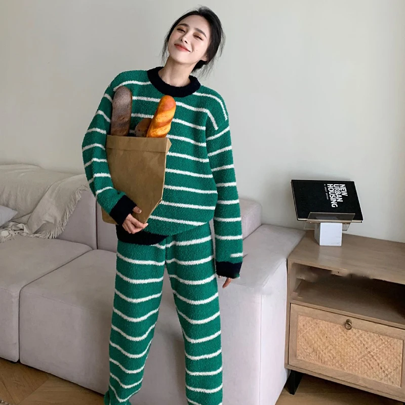 Autumn Winter New Warm coral fleece Women Pajamas Set Long-sleeved Trousers Two-piece Set Cute Soft Home Wear Clothes for Women