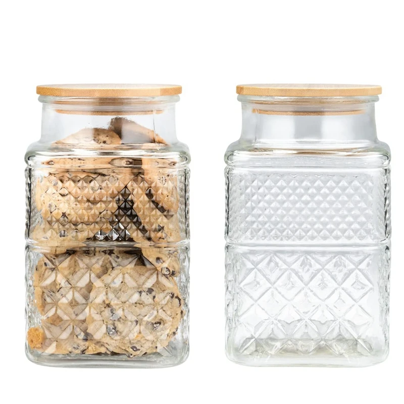 

2PCS Square Glass Jars Coffee Pasta Sugar Tea Jar Snack Nuts Cookie Jar With Bamboo Lid Airtight Lids