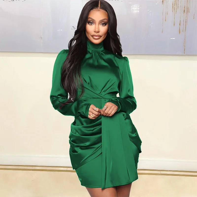 Купи Solid Ribbon Ruched Party Dresses Women Elegant Nightclub Long Sleeve Stand Collar Bodycon Mini Dress Sexy Birthday Outfits Y2K за 958 рублей в магазине AliExpress