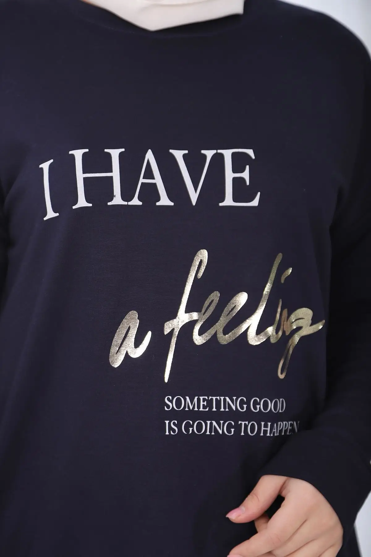 

Navy Women's Printed Text Neck Tunic Women Muslim Tunic 2021 Fashion