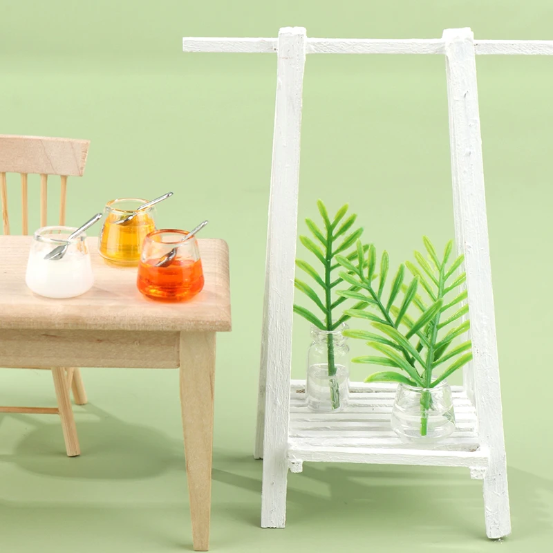 

1Set 1:12 Dollhouse Miniature Drink Cup Juice Can Milk Cup with Spoon Green Potted Plant Model Home Living Scen Decor Toy