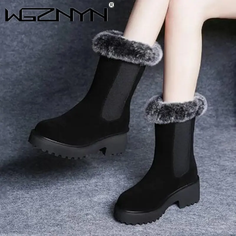 

2023 New Rabbit Fur Decoration Scrub Leather Boots In-bube Boots Women Shoes Boots Warm Shoes Flat Wedges Non-slip Snow Boots