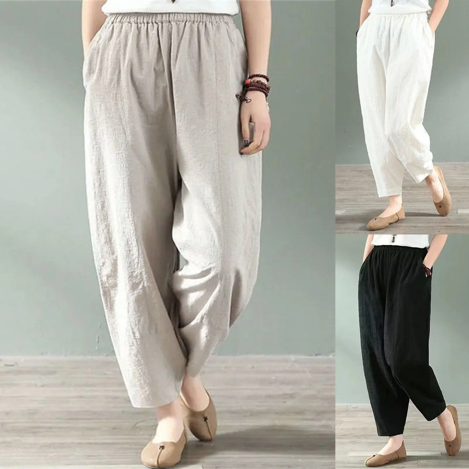 Womens Elastic Breathable Trousers Loose Cotton High Waist Pants With Pockets Pants for Women Casual Summer