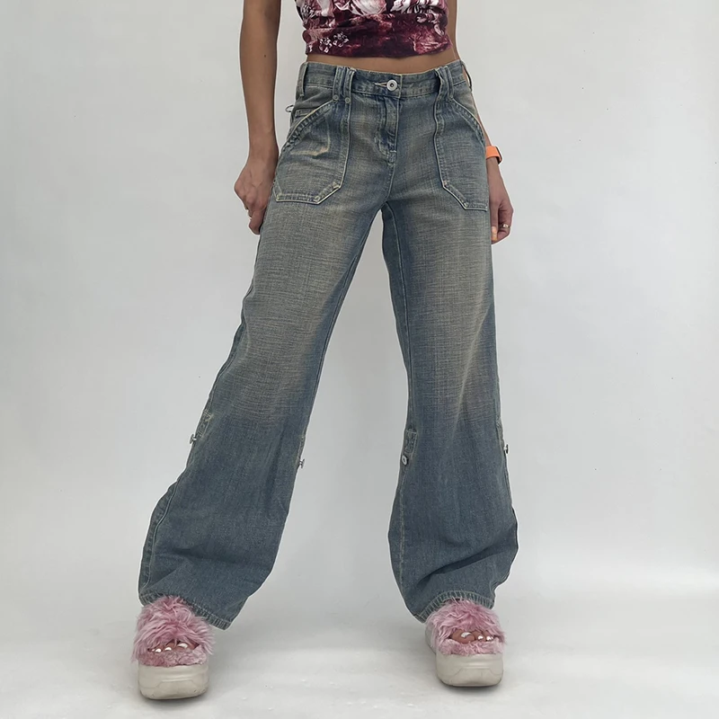 Women Pants Straight Leg Harajuku Pockets Patchwork Cargo Jeans Y2K Dark Blue High Waist Streetwear 90S Baggy Jeans