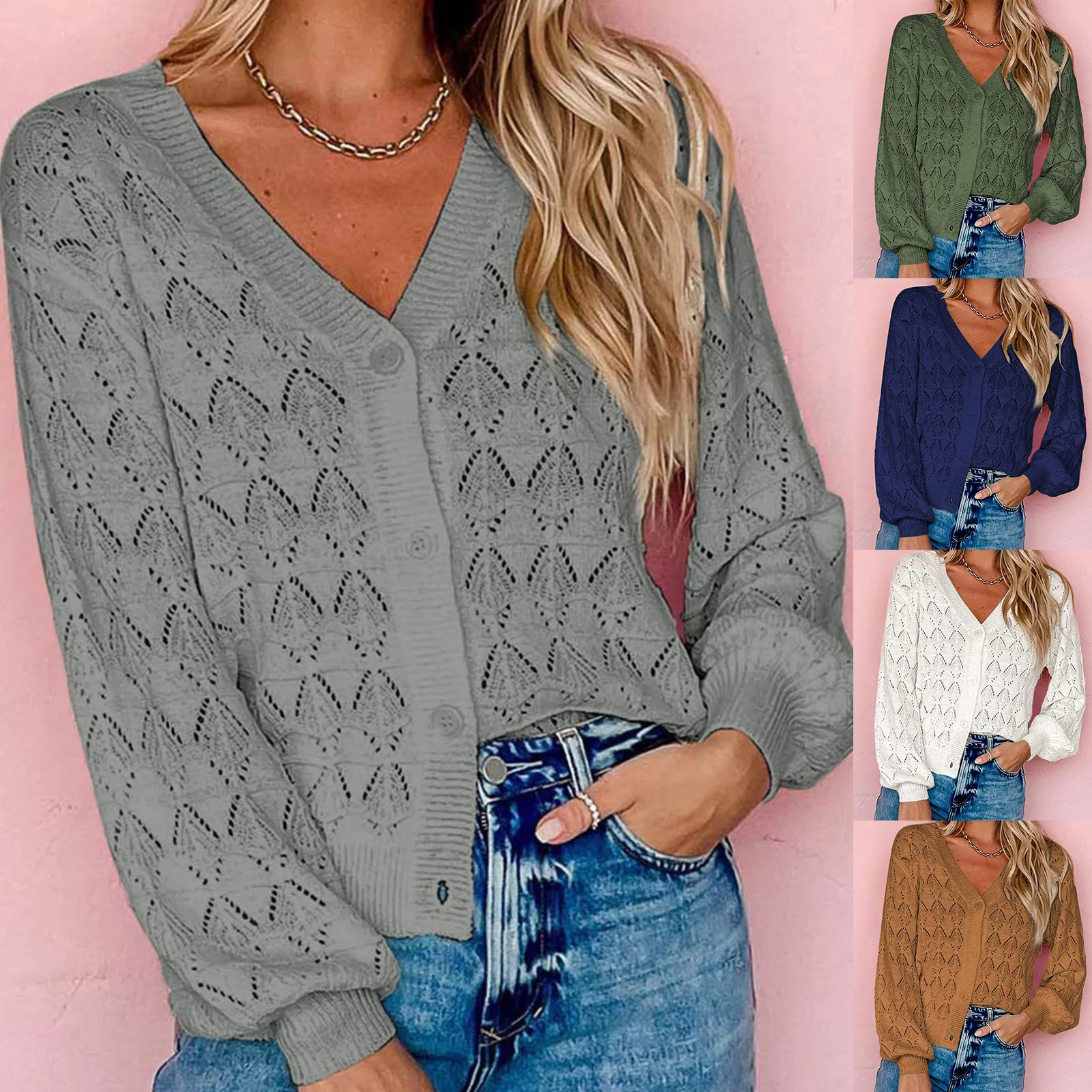 

Hollow Out Crochet Sweater Solid Color Women Front Open Sweater Loose Fit Casual Style Single Breasted Vacation Outfit