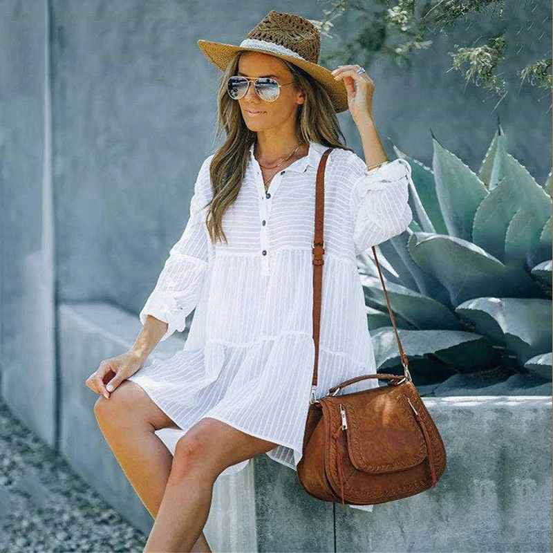 

Dress Women Summer 2022 Beach Ladies Beachwear New Stripe Shirt Button Smock Bikini Print Polyester Swimsuit Cover Swimwear