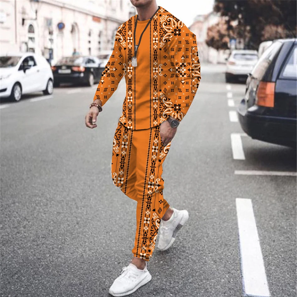 Vintage Men's Tracksuits 3D Printed Fashion 2-Piece Set Summer Streetwear Luxury Long Sleeve Suit Ice Silk Designer Clothing