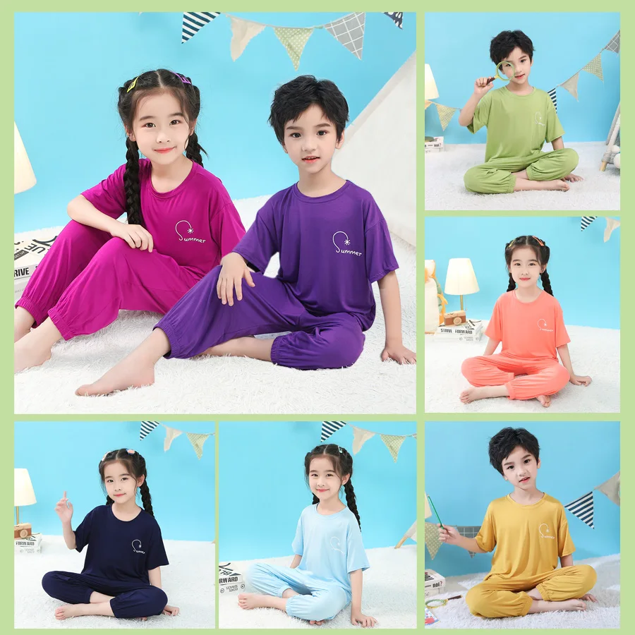Модные домашние костюмы SheeCute для девочек и мальчиков, Детские Топы с коротким рукавом и брюки, пижамные комплекты PJ102T