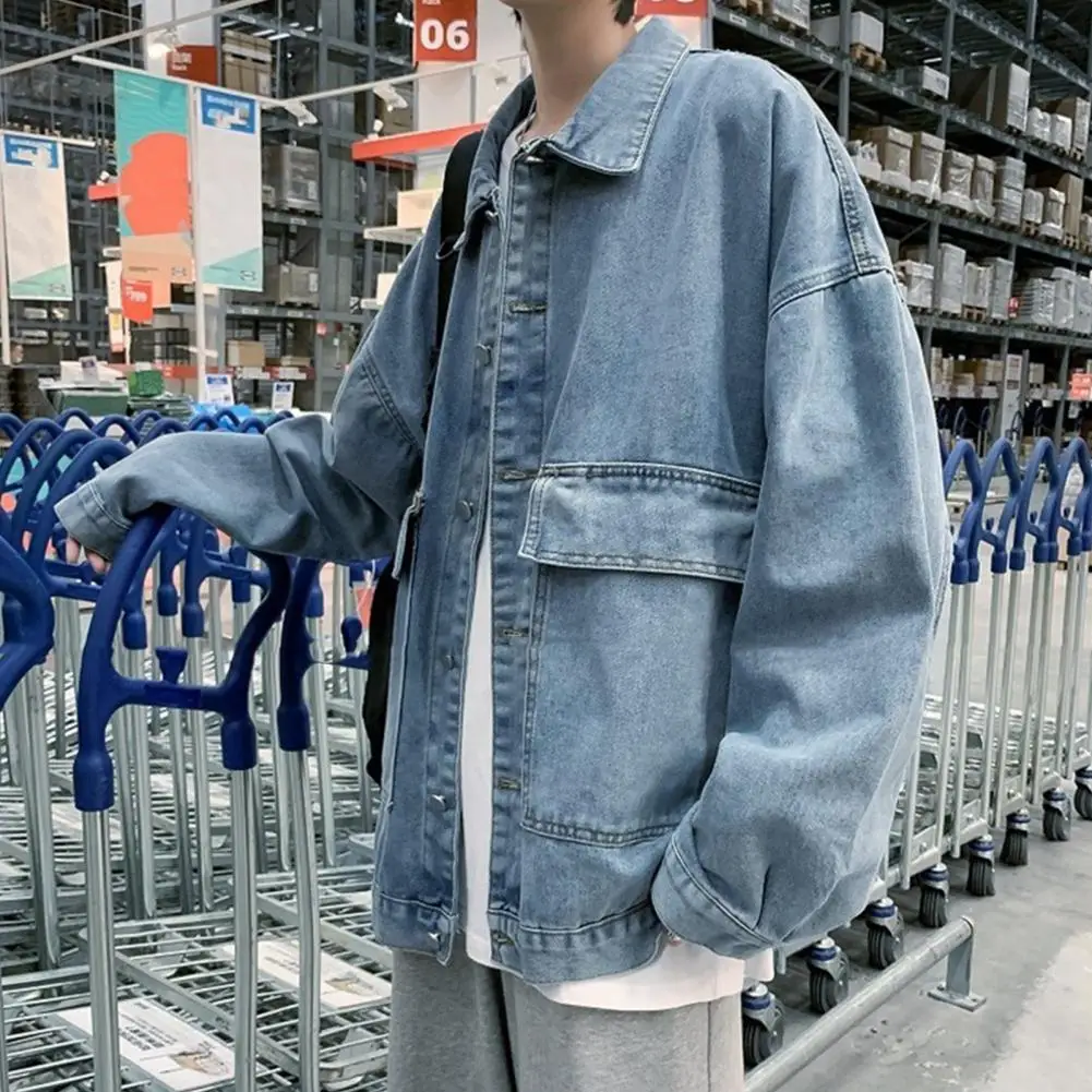 

Куртка мужская джинсовая однобортная, стильная повседневная верхняя одежда из денима, не скатывается, с лацканами, свободного кроя, осень