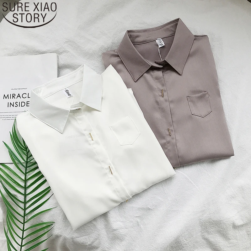 

2021 Solid Shirt Women Office Lady Fashion Long Sleeve Shirt Turn-Down Collar Pockets Blouse Feminina Autumn Button Shirt 11360