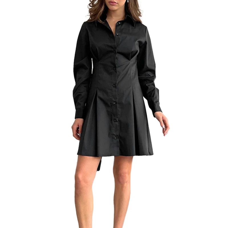 

Autumn Spring Casual Vintage Mini Dress Women Solid Color Long Sleeve Button Down Lapel Neck Shirt Dresses Famale S M L