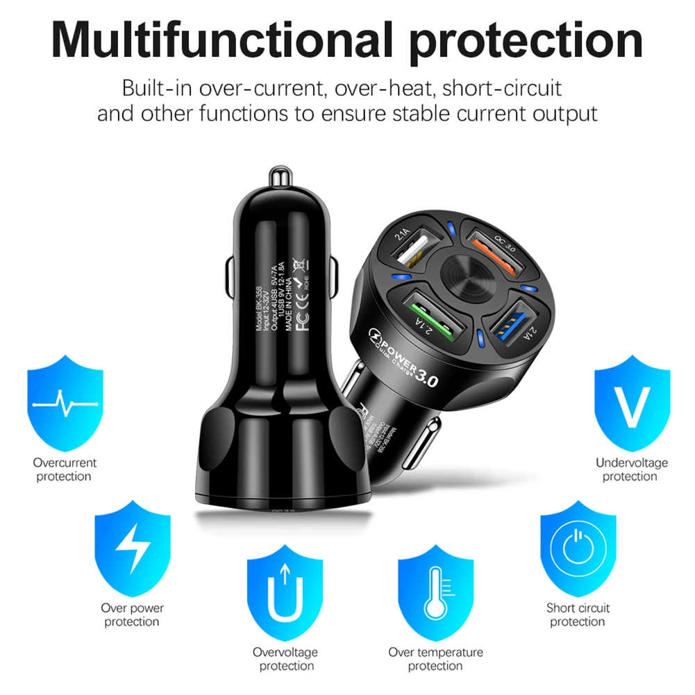 Universal Car Charger Lighter Adapter Fast Charging 3 4 5 USB Ports with LED Indicator Light for iPhone Xiaomi Huawei | Автомобили и