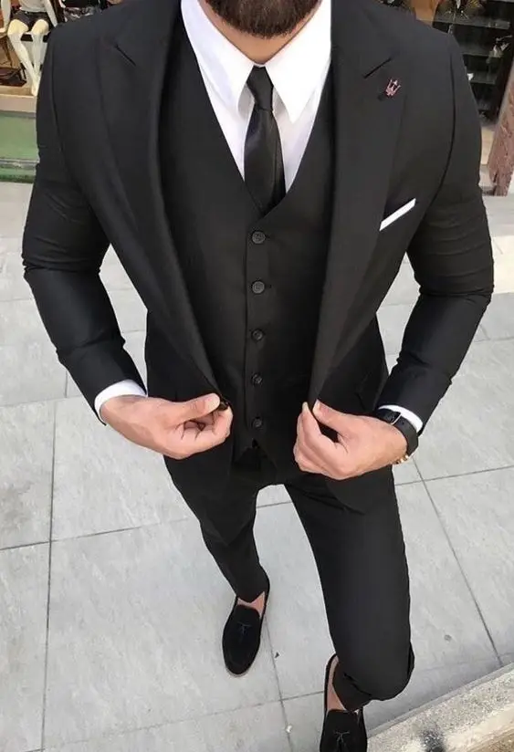 

3 Pieces Black Men Suit Slim Fit Street Smart Business Party Prom Suits Tailored Formal Wedding Suits For Men Groom Tuxedo Terno