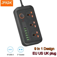 jfkdx eu uk us power strip 2m extension cord adapter with 3 ac outlets 6 fast charging usb port socket adapter network filter