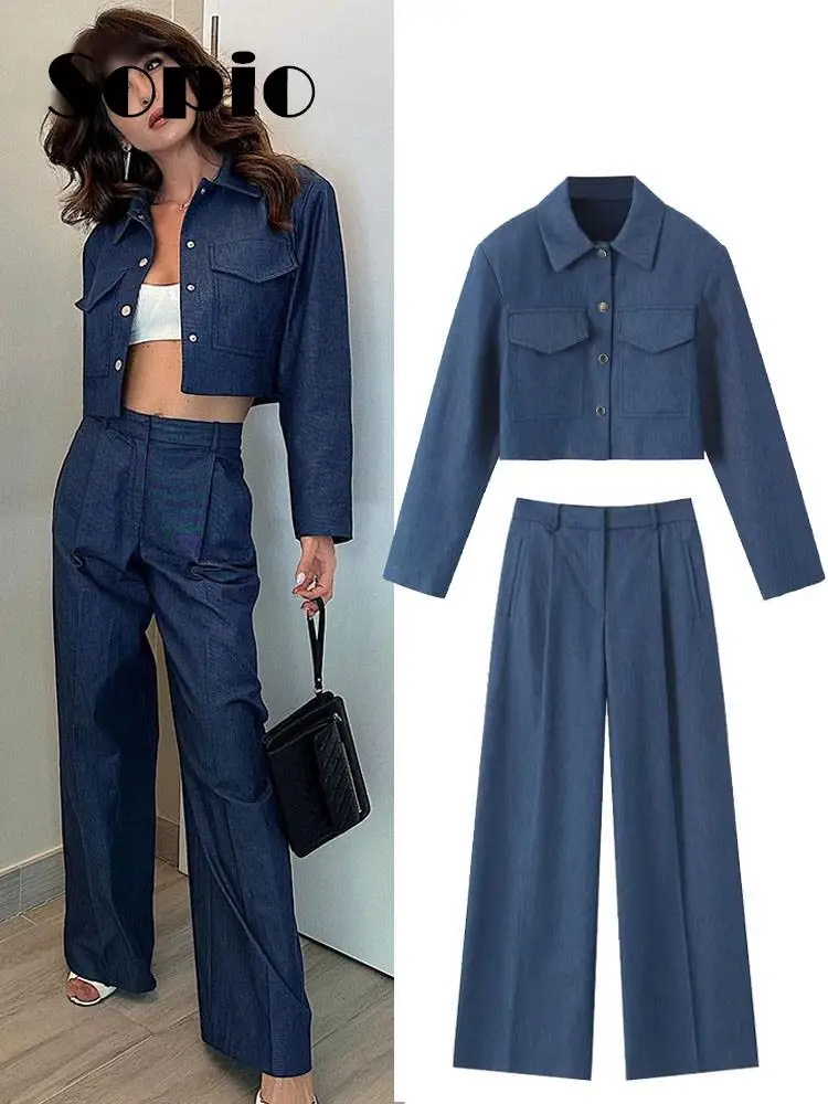 

Elegant Two Piece Set Woman Autumn 2023 new Long Sleeve With Flap Pockets Cropped Coat+Front Pleats High Waist PantsFemale