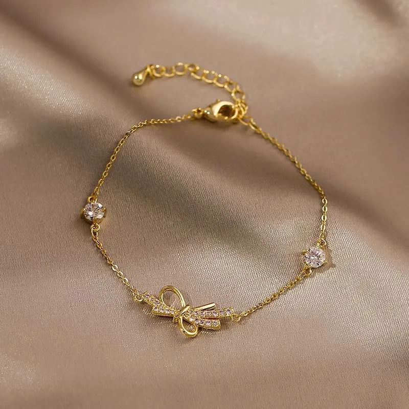

Korean Zircon Bow Bracelet For Women Ladies Ins Design Gold Color Silver Color Chain Bracelet Temperament Small Fresh Bracelets