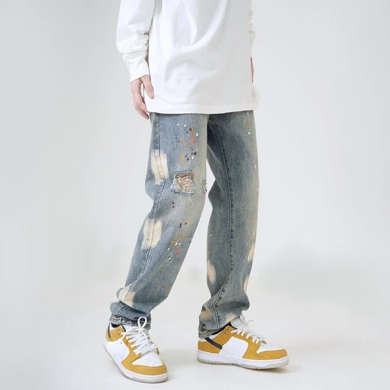 American High Street Retro Splash-Ink Ripped Jeans Men's Fashion Brand Hip Hop Loose Straight Slimming Street Casual Trousers