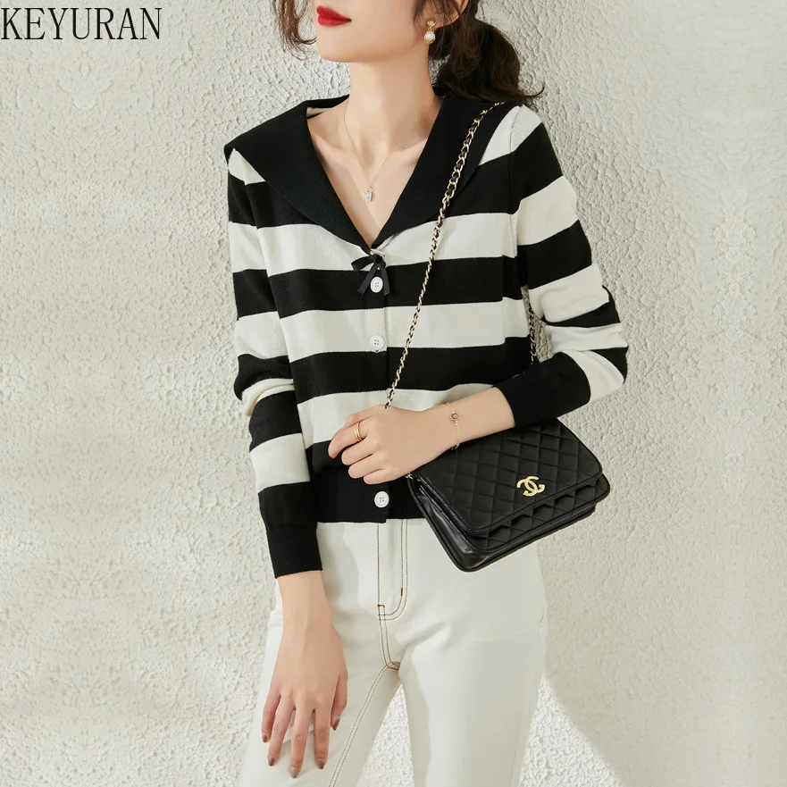 

Cardigan Women's Sweater 2022 Spring Autumn Sweater Coat Sailor Collar Black White Striped Cardigan for Women Knitted Jacket