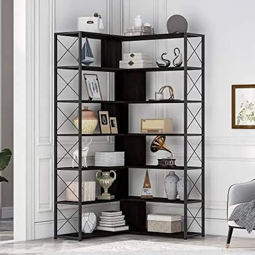 Bookcase, 7-Tier L-Shaped Tall Bookshelf with Open Storage, Freestanding Industrial Etagere Shelf with Metal Frame for Home Offi