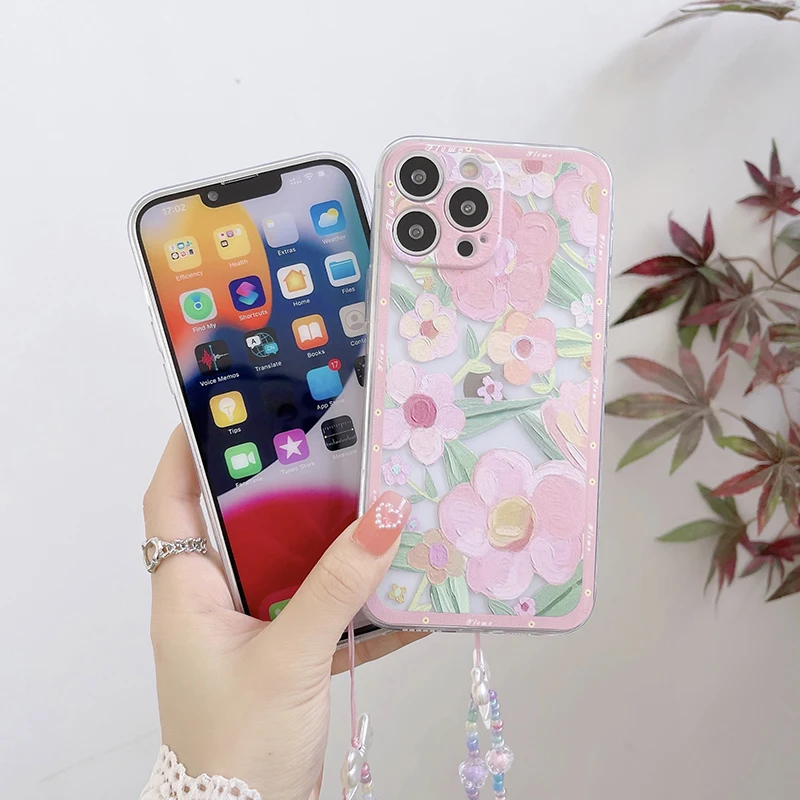 Luxury Cute Flower Lanyard Silicone Phone Case For iPhone 14 13 12 11 Pro XS Max XR X 8 7 Plus Ultra-thin Square Soft Back Cover