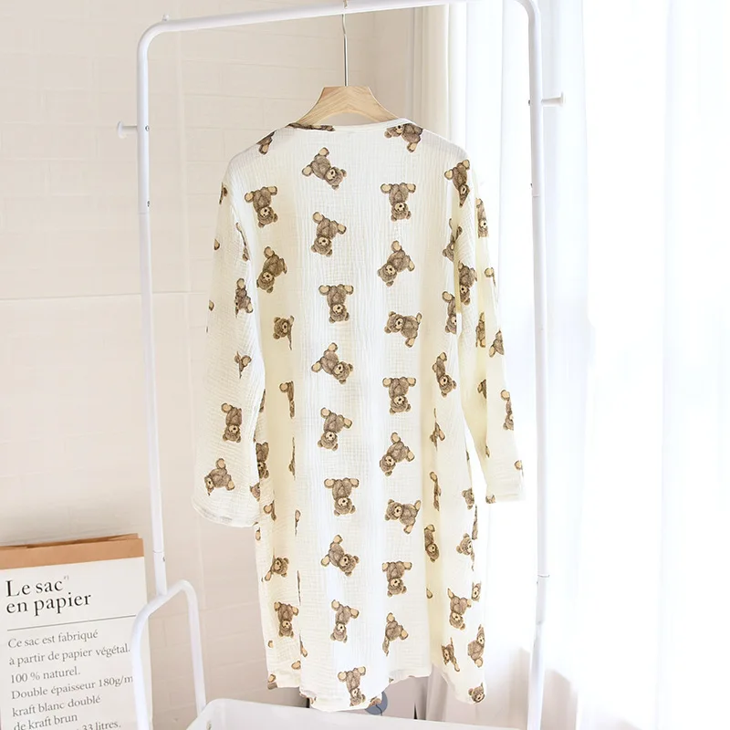 Night Gown for Women Cartoon Bear Nightdress Girl Pullover Long Sleeve Square Collar Cotton Crepe Lace Spring Bow Tie Thin Home