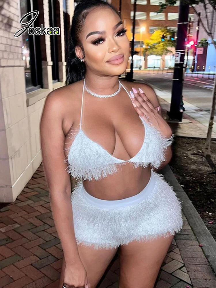 

Joskaa White Tassel Patchwork Halter Bikini Tops and Tight Shorts Two Piece Sets Womens Outfits Autumn 2022 Sexy Streetwear