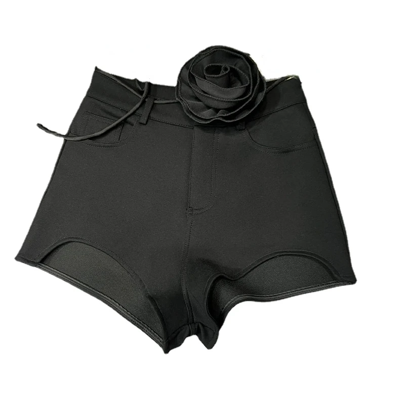 2023 Summer Flowers Belt Waist Shorts Womens New Fashion Regular Show Long Legs All-Match Solid Color Shorts Black