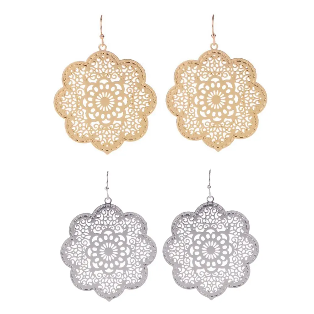 

Fashion Unique Cut Out Trendy Filled Alloy Round Flower Hollow Clover Statement Dangle Drop Earrings for Women Jewelry Gift