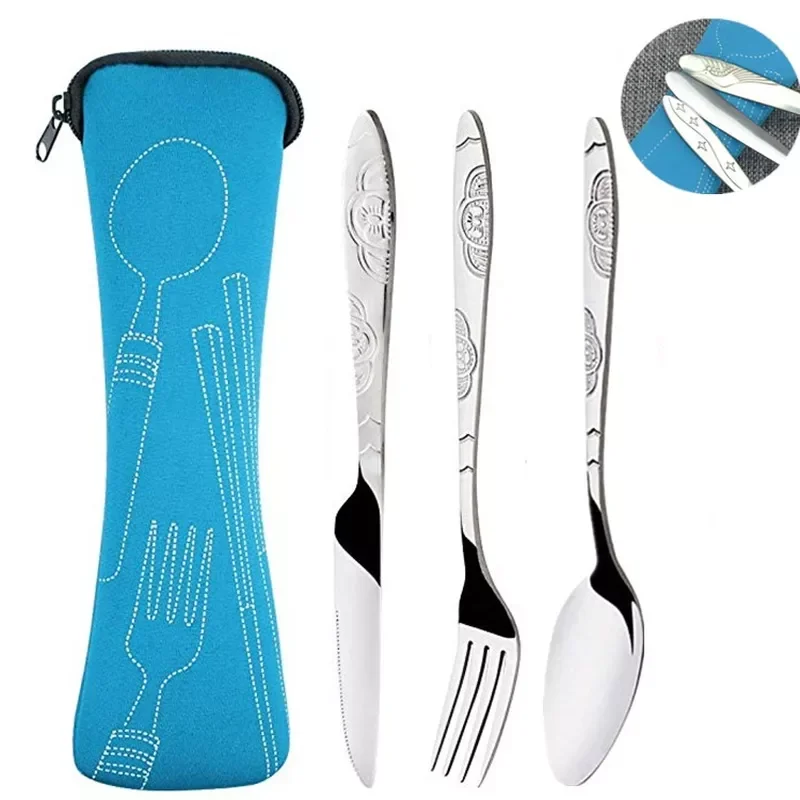 

2023New Travel Dinnerware Portable Stainless Steel Spoon Fork Steak Knife Set Picnic Cutlery OutdoorTableware with Bag