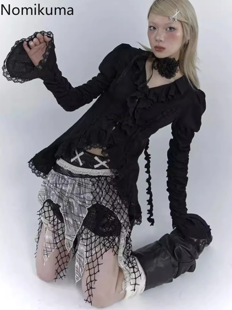 Черная Женская блузка в стиле Харадзюку с расклешенными рукавами и V-образным