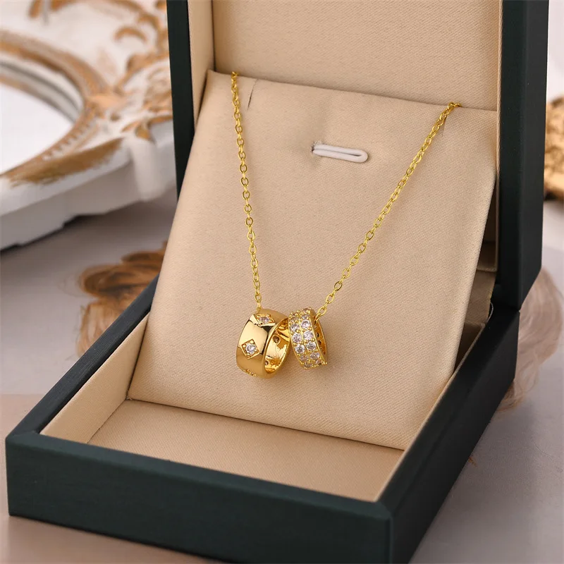 

GD модные два кольца с кубическим цирконием кулон из нержавеющей стали 18k Позолоченное серебряное ожерелье чокер для женщин ювелирные изделия подарок